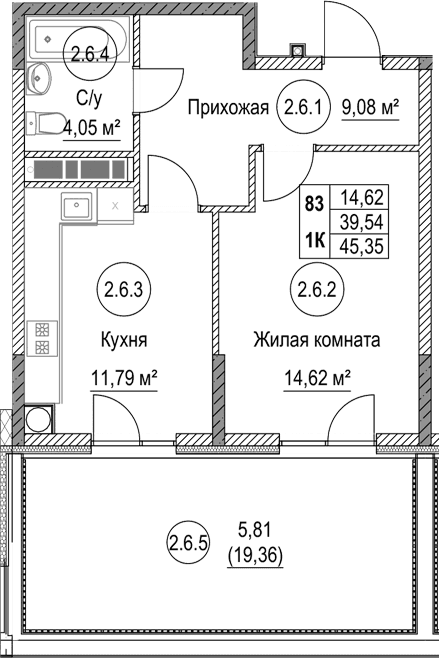 1-комн., 39.54 м²