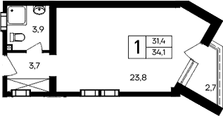 Студия, 31.4 м²