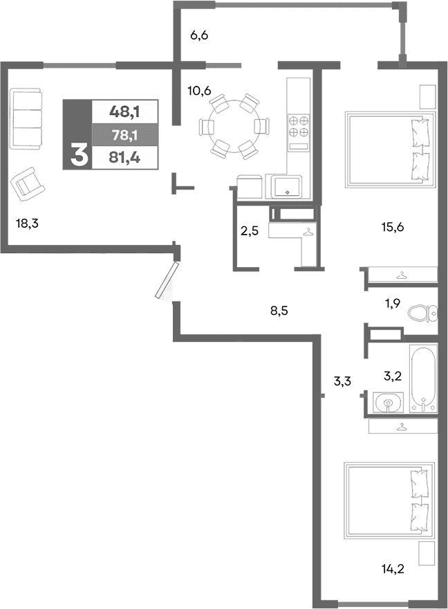 3-комн., 78.1 м²