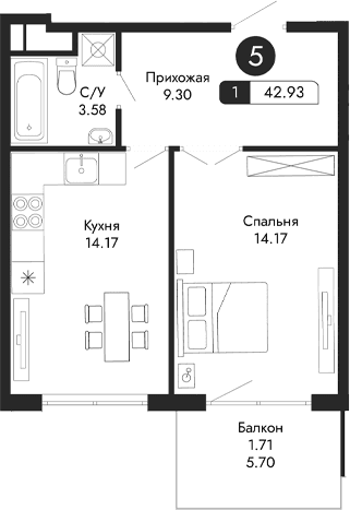 1-комн., 41.22 м²