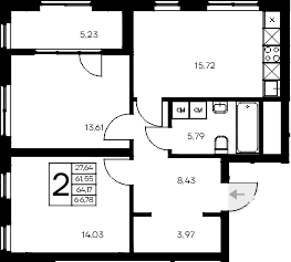 2-комн., 61.55 м²