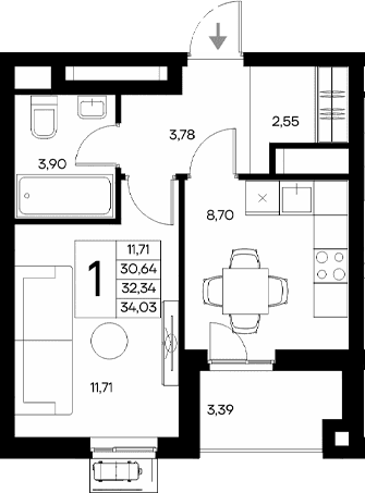 1-комн., 30.64 м²
