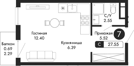 Студия, 26.86 м²