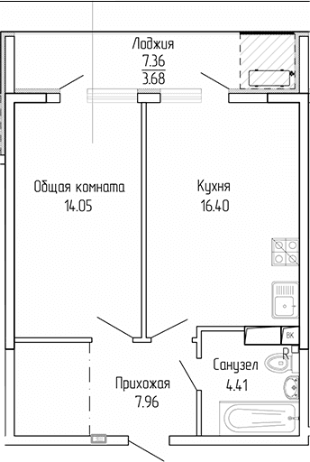 1-комн., 42.82 м²