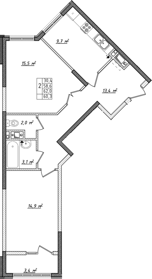 2-комн., 58.6 м²