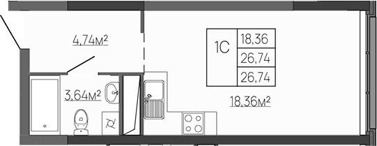 Студия, 26.74 м²