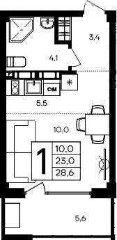 Студия, 23 м²