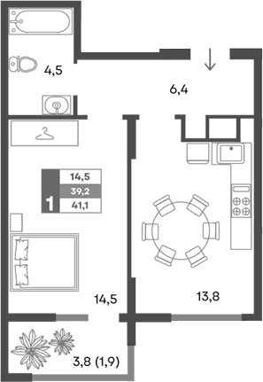 1-комн., 39.2 м²