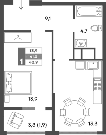 1-комн., 41 м²