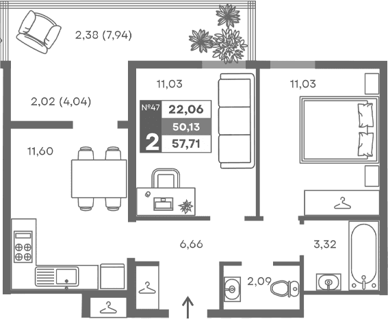 2-комн., 45.73 м²