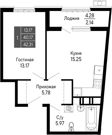 2-комн., 40.17 м²