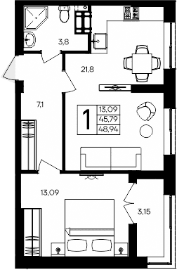 1-комн., 45.79 м²