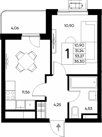 1-комн., 31.24 м²