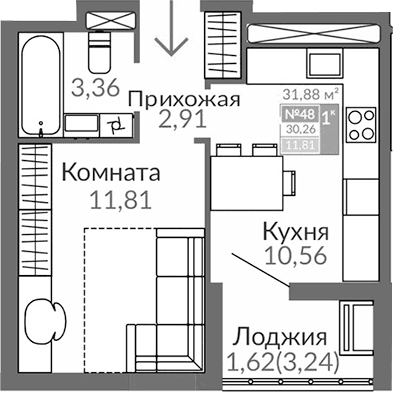 1-комн., 28.64 м²