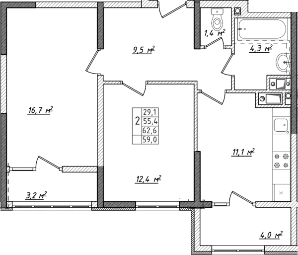 2-комн., 55.4 м²