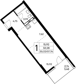 Студия, 35.02 м²