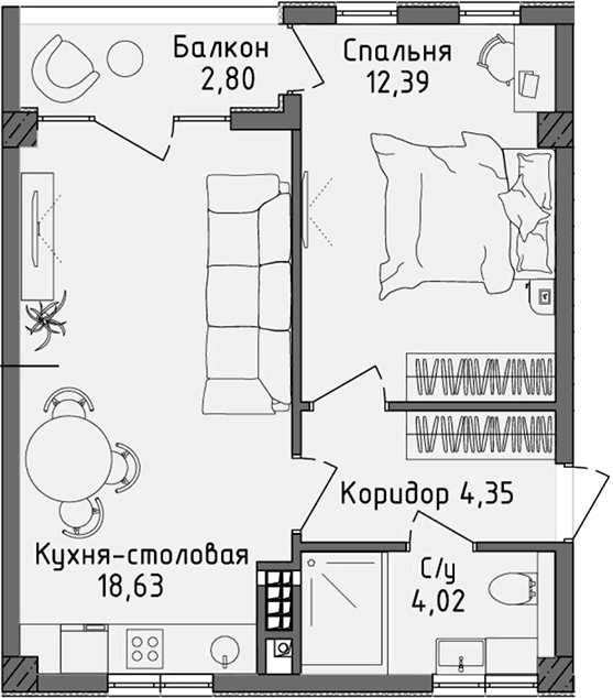 2-комн., 39.39 м²
