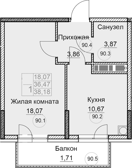 1-комн., 36.47 м²