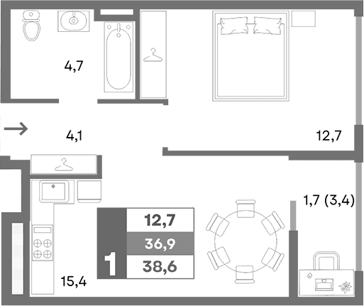 1-комн., 36.9 м²