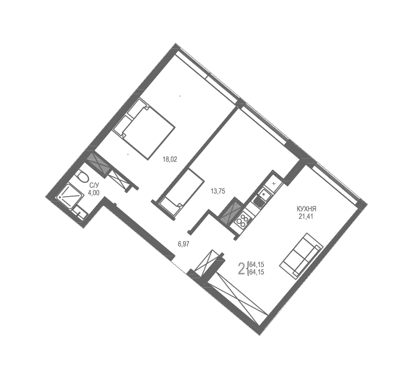 2-комн., 64.15 м²