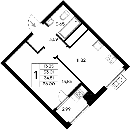1-комн., 33.01 м²