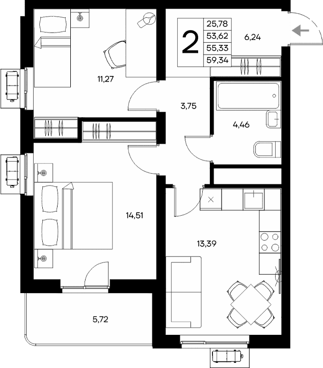 2-комн., 53.62 м²