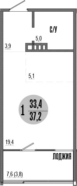 Студия, 33.4 м²