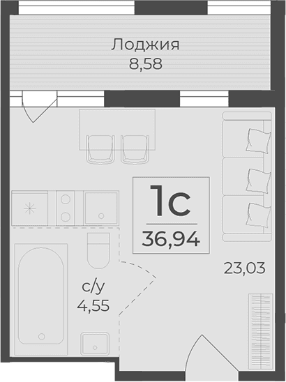 Студия, 28.36 м²