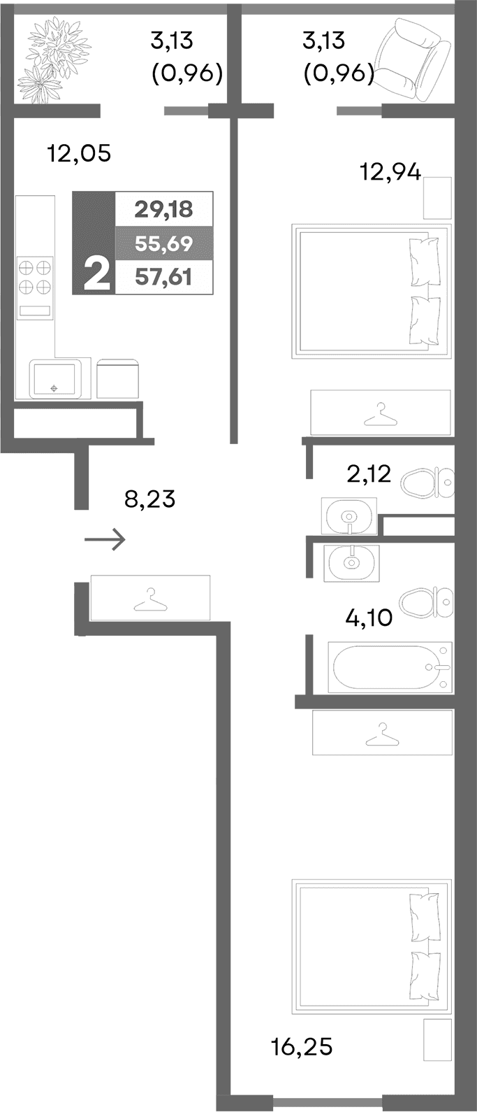 2-комн., 55.69 м²