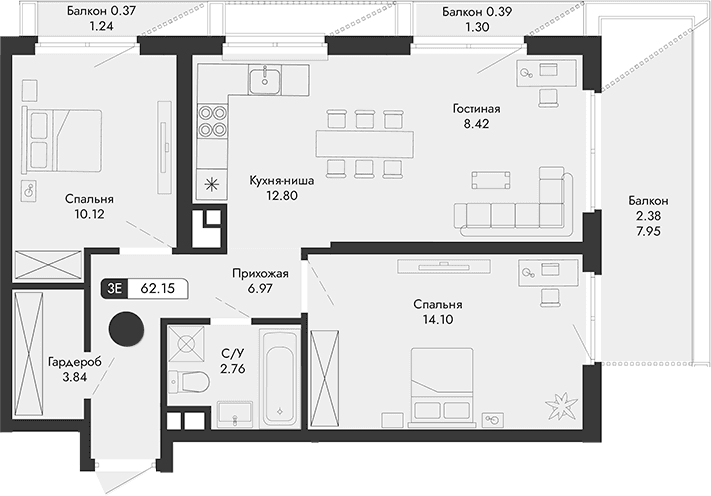 3-комн., 59.01 м²