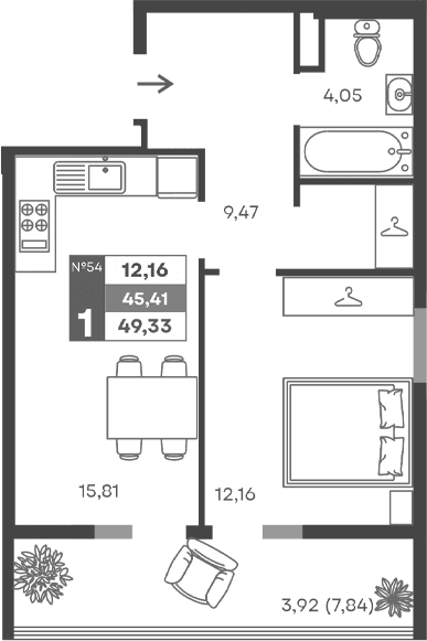 1-комн., 41.49 м²