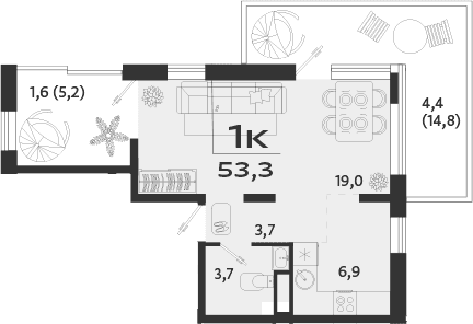1-комн., 47.3 м²