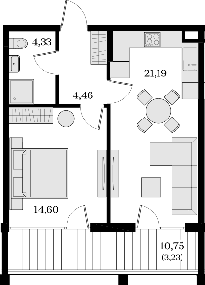 1-комн., 44.58 м²