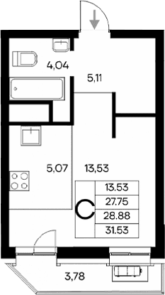 Студия, 27.75 м²