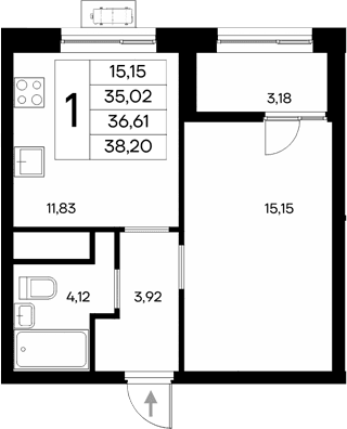 1-комн., 35.02 м²