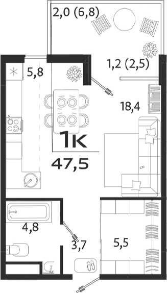 Студия, 38.2 м²