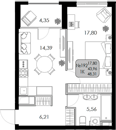 1-комн., 43.96 м²
