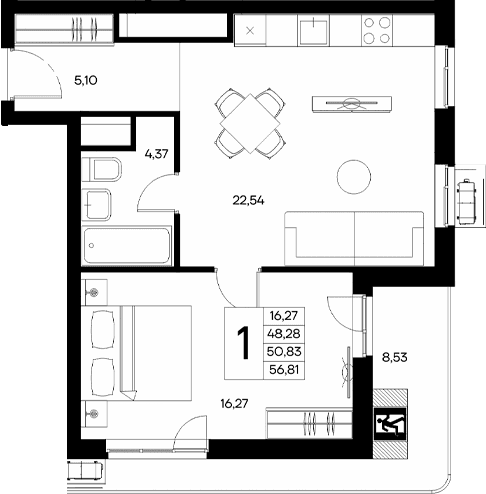 1-комн., 48.28 м²
