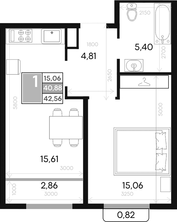 1-комн., 40.88 м²