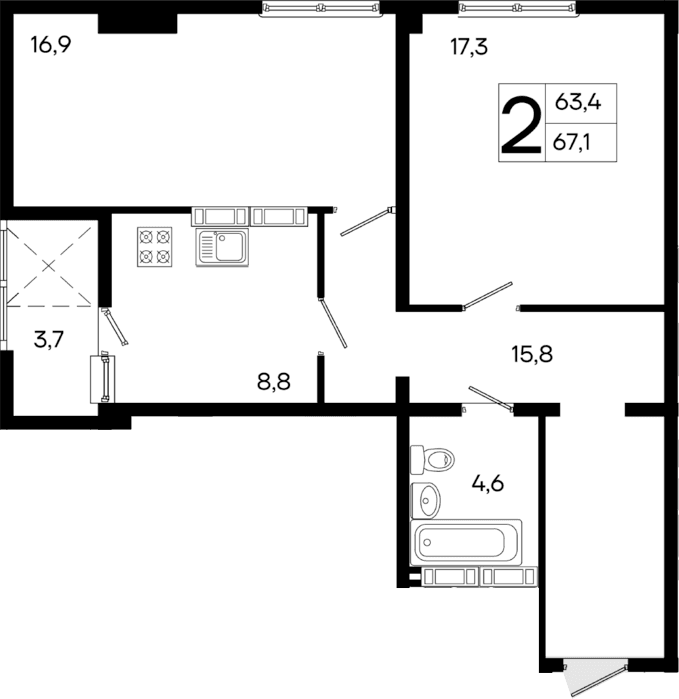 2-комн., 63.4 м²