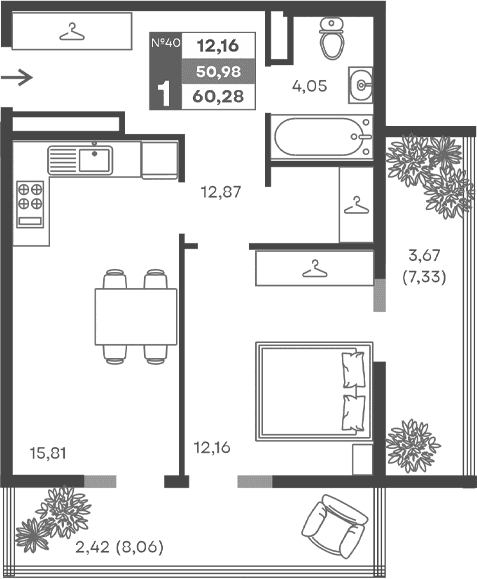 1-комн., 44.89 м²