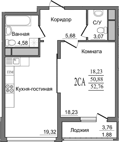 1-комн., 51.12 м²