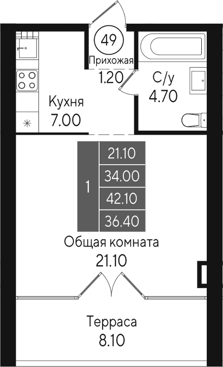 Студия, 34 м²