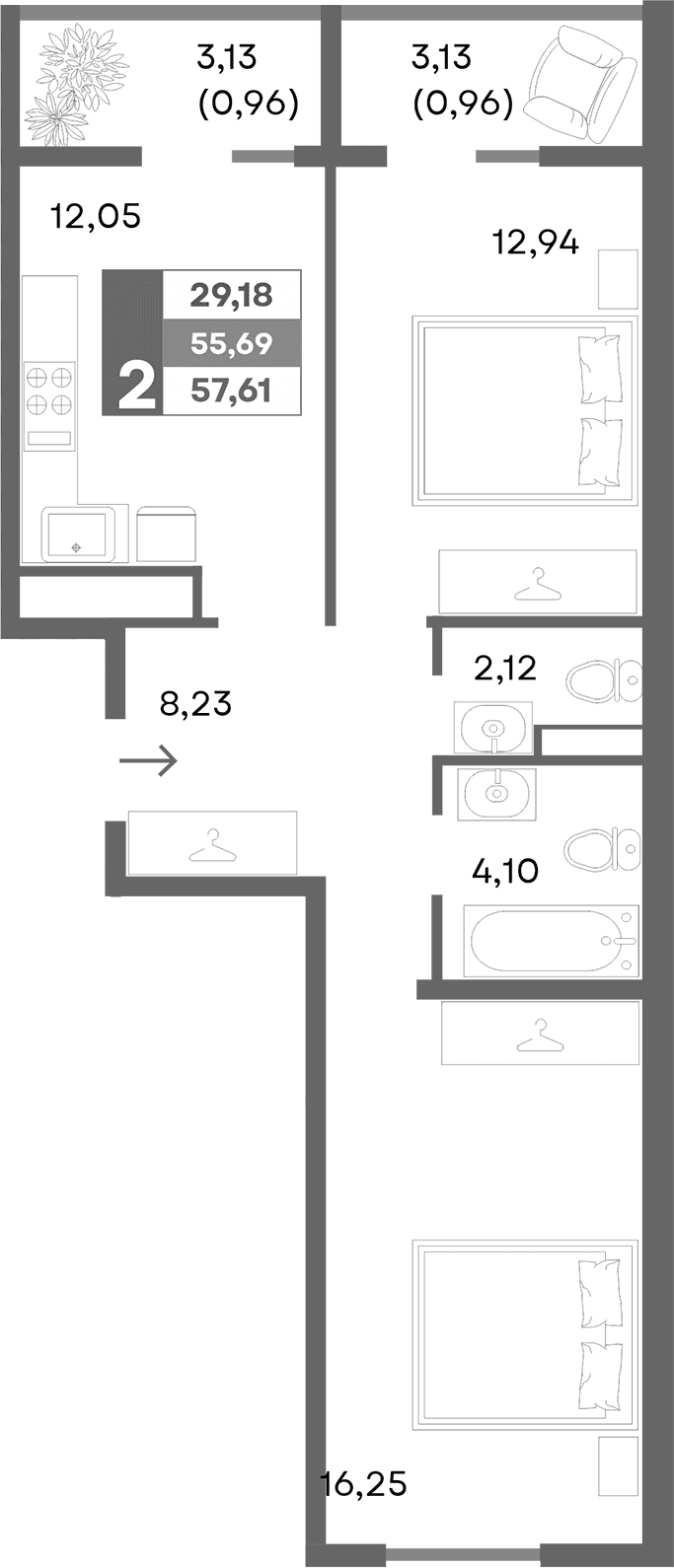 2-комн., 55.69 м²