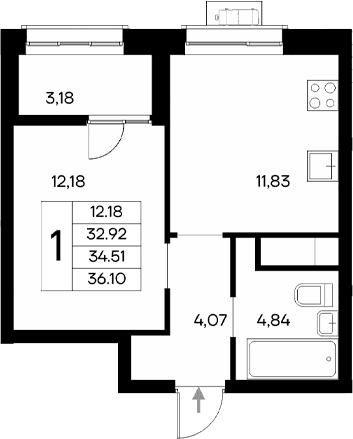 1-комн., 32.92 м²