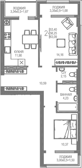 2-комн., 53.4 м²