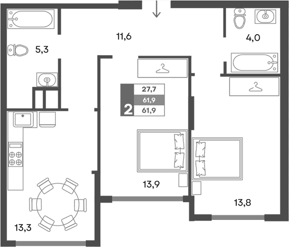 2-комн., 61.9 м²