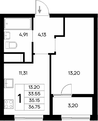 1-комн., 33.55 м²
