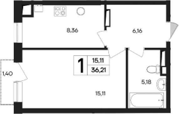 1-комн., 34.81 м²