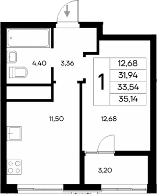 1-комн., 31.94 м²